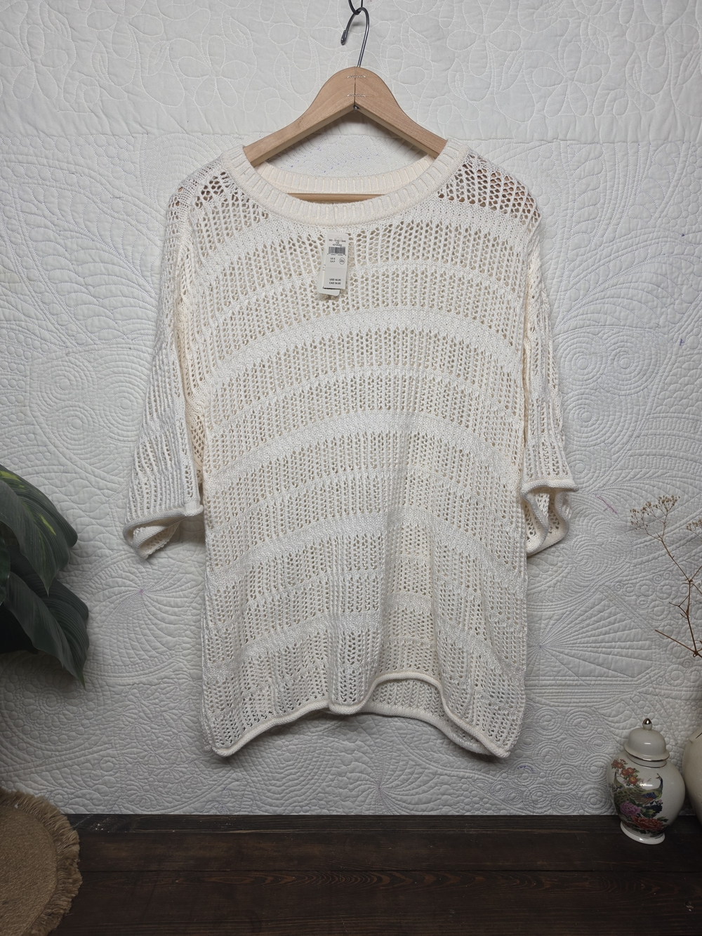 aerie Cream Open-Knit Short Sleeve Sweater
